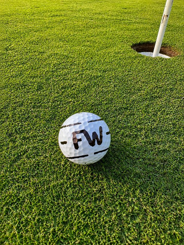 Golfball mit den Initialen FW markiert, neben dem Loch